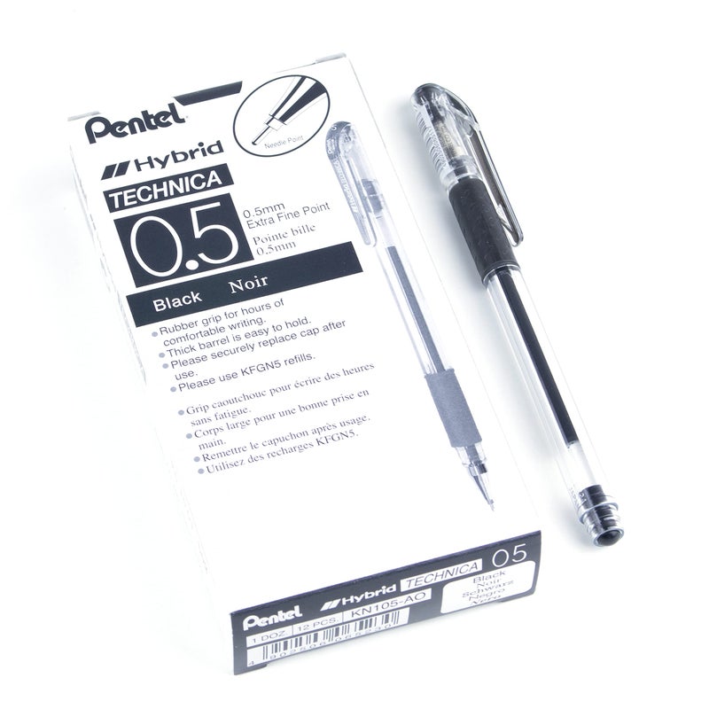 بنتل قلم Pentel Arts Hybrid Technica 0.5 مم، نقطة دقيقة للغاية، حبر أسود، صندوق من 12 قطعة (KN105-A) - Image 1